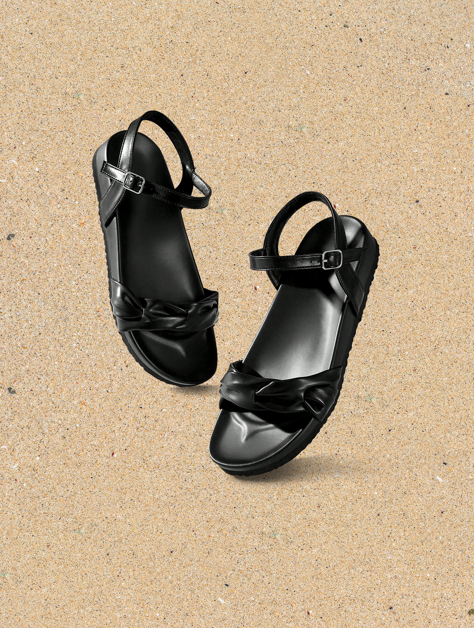 Womens-Black-Strappy-Platform-Sandals-1.jpg Women's Black Strappy Platform Sandals - Knot Detail, Rubber Sole - Image 1